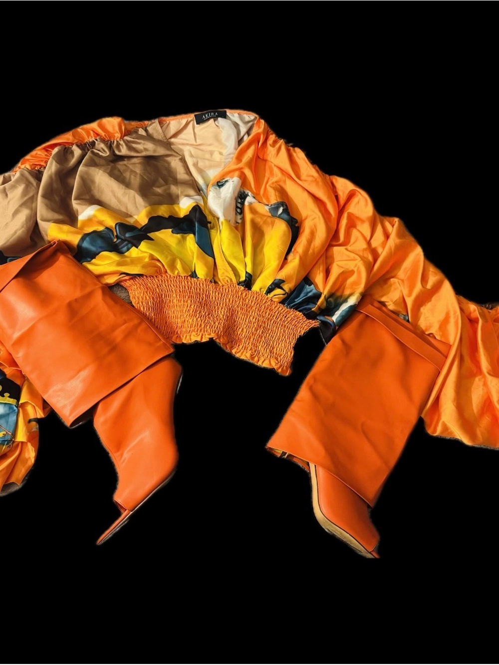 AKIRA Orange Satin Floral Cropped Top